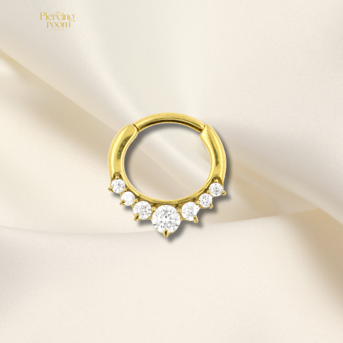 Goudkleurige chirurgisch stalen click ring met heldere zirconia’s in zetting. Luxe en tijdloos design met 8 mm diameter.